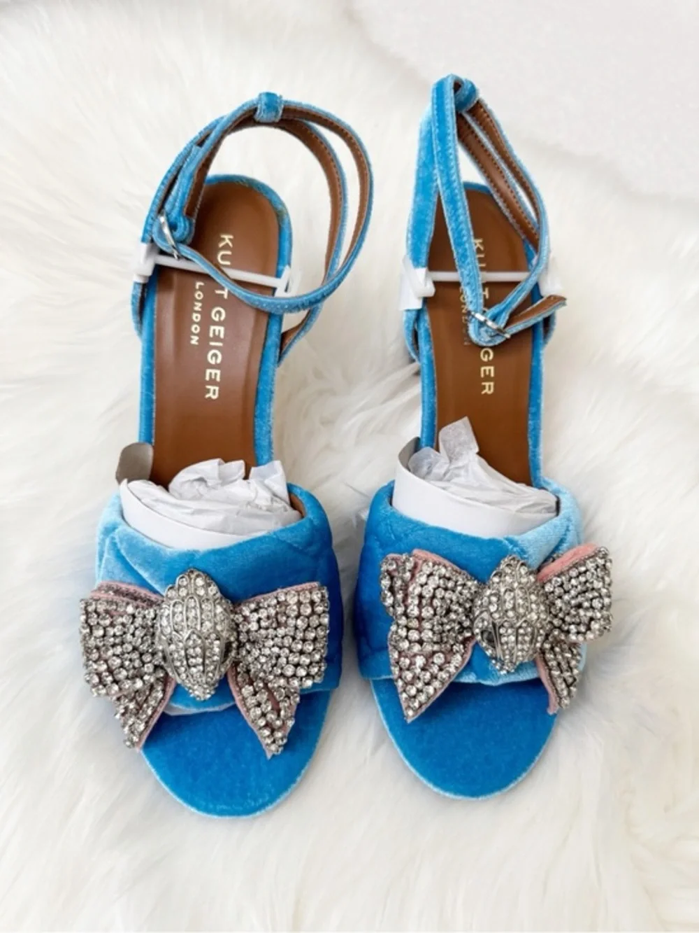 Kurt Geiger Turquoise Blue Velvet Crystal Bow Heeled Sandals